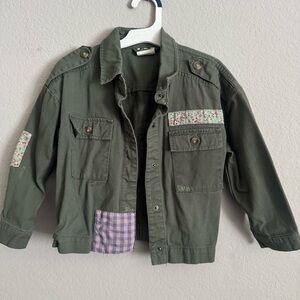 Kids Olive Green Jean Jacket with Floral and Plaid Patches
